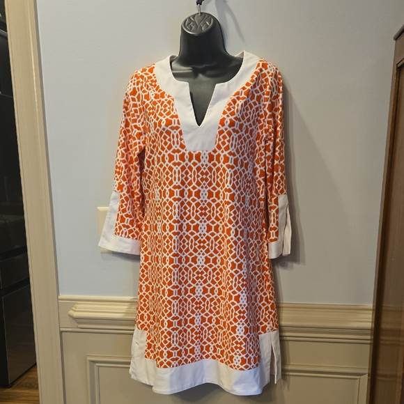 Jude Connally size MED Megan Orange White Stretch V-Neck Shift Tunic Dress - Picture 1 of 6